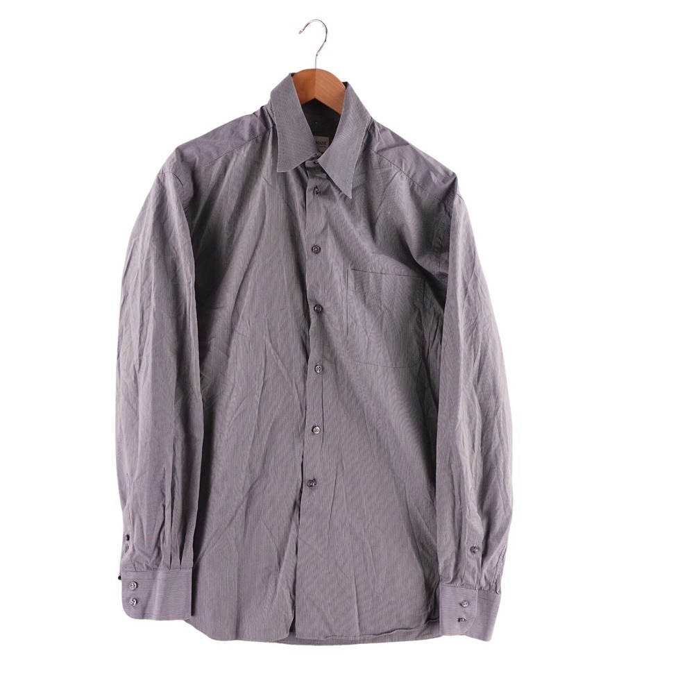 Vintage Armani Collezioni Mens Size 16 L Black Micro Stripe Button Down Shirt